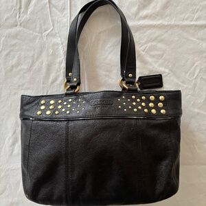 Coach East West Black Leather Gold Studded Shoulder Bag